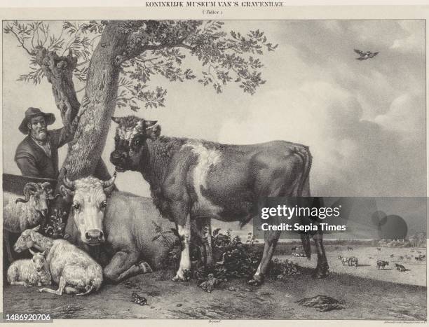 Behind two trees stands a farmer. In front of him is a bull. On the ground, near the trees, lie a cow and three sheep. Further out in the meadow more...