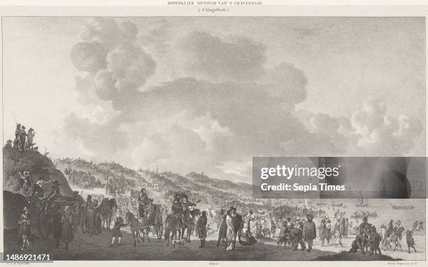 Departure of the English King Charles II from the beach of Scheveningen to England, June 2, 1660. View from the dunes of the crowd gathered on the...