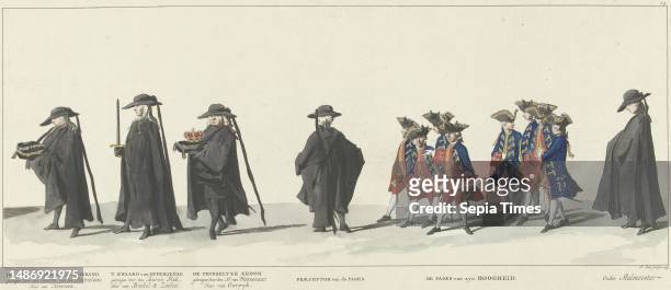 Bearers with stadholder insignia followed by a group of pages. In the margin the caption in Dutch, French and English. Part of a series of 41 plates...
