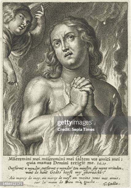 Soul in purgatory prays for mercy and an angel points to the two options: heaven or hell. Below the image is a quote from the Bible, Job 19, in three...