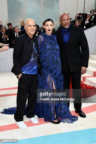 Jimmy Iovine, Interscope Records Co-founder, Liberty Ross and Dr. Dre attends The 2023 Met Gala Celebrating "Karl Lagerfeld: A Line Of Beauty" at The...