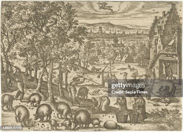 Autumn landscape with autumn scenes. November is the acorn and slaughter month. Central to the scene is the feeding of pigs with acorns that some men...