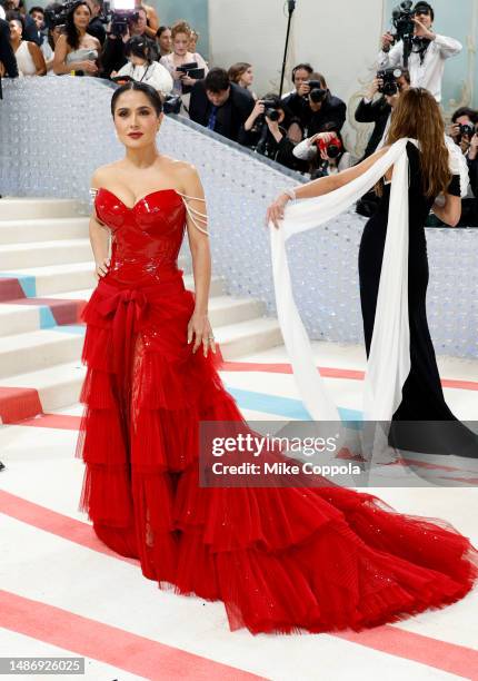 Salma Hayek attends The 2023 Met Gala Celebrating "Karl Lagerfeld: A Line Of Beauty" at The Metropolitan Museum of Art on May 01, 2023 in New York...