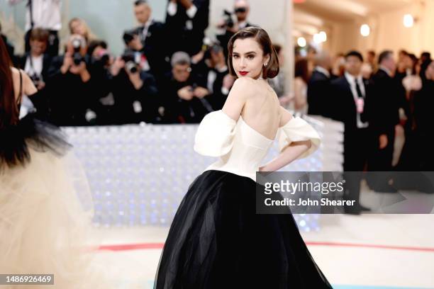 Lily Collins attends The 2023 Met Gala Celebrating "Karl Lagerfeld: A Line Of Beauty" at The Metropolitan Museum of Art on May 01, 2023 in New York...
