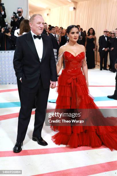 François-Henri Pinault and Salma Hayek Pinault attend The 2023 Met Gala Celebrating "Karl Lagerfeld: A Line Of Beauty" at The Metropolitan Museum of...