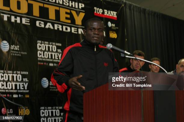 Joshua Clottey speaks to the Press at the Post Press Conference for the Miguel Cotto defeats Joshua Clottey by Spit Decision during their...