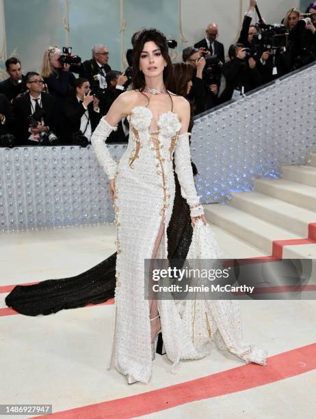 Anne Hathaway attends The 2023 Met Gala Celebrating "Karl Lagerfeld: A Line Of Beauty" at The Metropolitan Museum of Art on May 01, 2023 in New York...