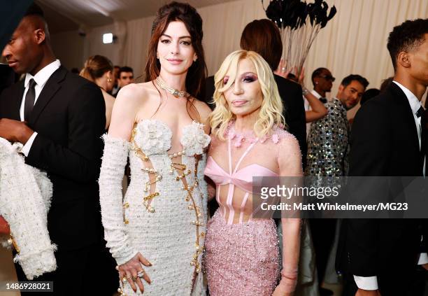 Anne Hathaway and Donatella Versace attend The 2023 Met Gala Celebrating "Karl Lagerfeld: A Line Of Beauty" at The Metropolitan Museum of Art on May...