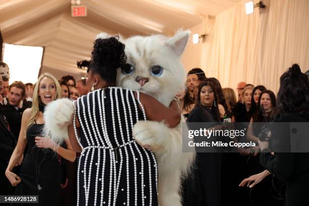 Lizzo and Jared Leto, dressed as Karl Lagerfeld's cat Choupette, attend The 2023 Met Gala Celebrating "Karl Lagerfeld: A Line Of Beauty" at The...