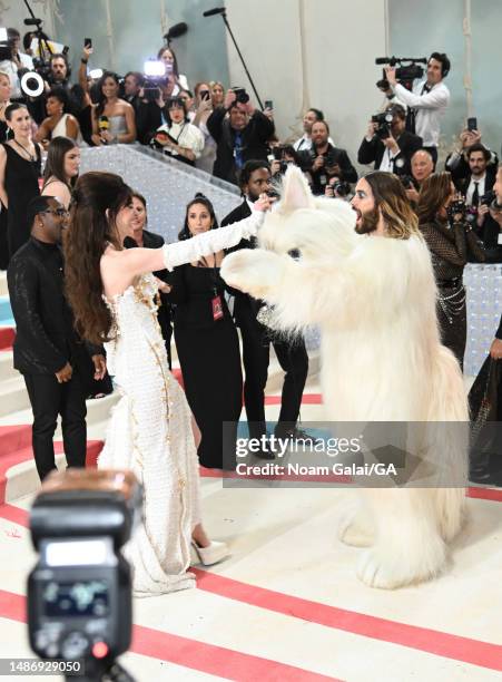 Anne Hathaway and Jared Leto, dressed as Karl Lagerfeld's cat Choupette, attend The 2023 Met Gala Celebrating "Karl Lagerfeld: A Line Of Beauty" at...