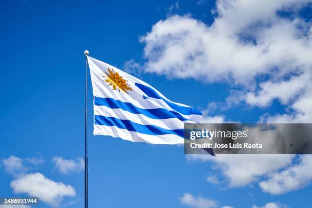 uruguay flag. low angle view of flag against sky - uruguay flag stock pictures, royalty-free photos & images