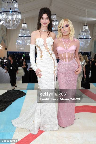 Anne Hathaway and Donatella Versace attend The 2023 Met Gala Celebrating "Karl Lagerfeld: A Line Of Beauty" at The Metropolitan Museum of Art on May...