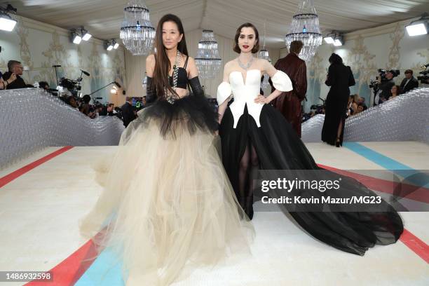 Vera Wang and Lily Collins attend The 2023 Met Gala Celebrating "Karl Lagerfeld: A Line Of Beauty" at The Metropolitan Museum of Art on May 01, 2023...