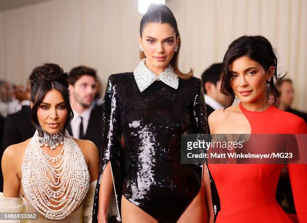 Kim Kardashian, Kendall Jenner and Kylie Jenner attend The 2023 Met Gala Celebrating "Karl Lagerfeld: A Line Of Beauty" at The Metropolitan Museum of...