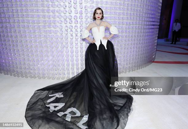 Lily Collins attends The 2023 Met Gala Celebrating "Karl Lagerfeld: A Line Of Beauty" at The Metropolitan Museum of Art on May 01, 2023 in New York...