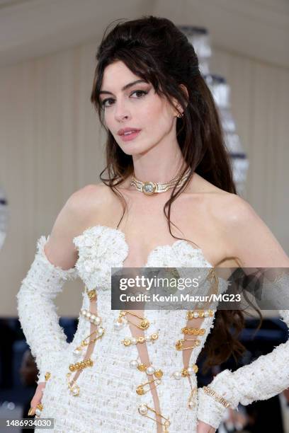 Anne Hathaway attends The 2023 Met Gala Celebrating "Karl Lagerfeld: A Line Of Beauty" at The Metropolitan Museum of Art on May 01, 2023 in New York...