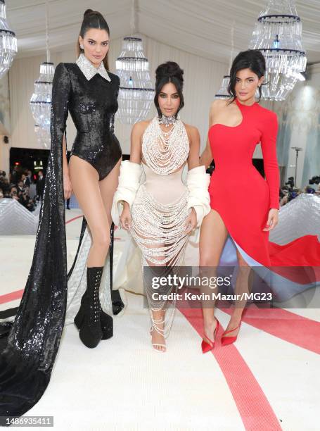 Kendall Jenner, Kim Kardashian, and Kylie Jenner attend The 2023 Met Gala Celebrating "Karl Lagerfeld: A Line Of Beauty" at The Metropolitan Museum...