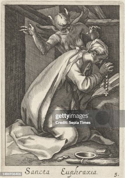 Saint Euphrasia of Constantinople as a hermit kneels in prayer in her hermit cell and is tempted by the devil, Saint Euphrasia of Constantinople as a...