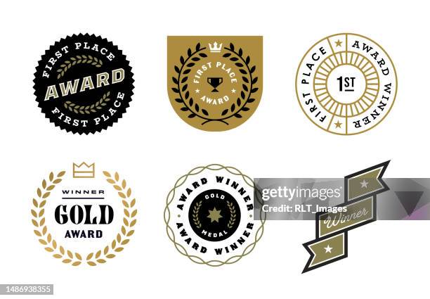 bildbanksillustrationer, clip art samt tecknat material och ikoner med award winner retro type badges - all for one one for all