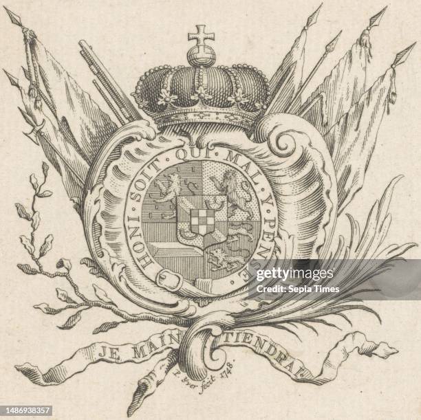 Coat of arms of William IV with a crown, decorated with the Garter and the motto of the Order of the Garter Below that on a banding his motto Around...