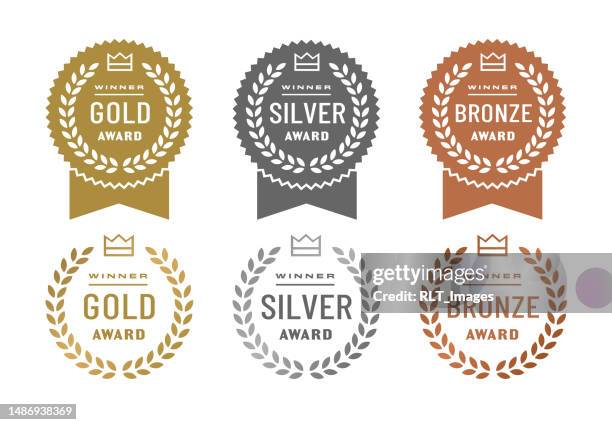 gold-, silber- und bronze-award-abzeichen - bronzemedaille stock-grafiken, -clipart, -cartoons und -symbole