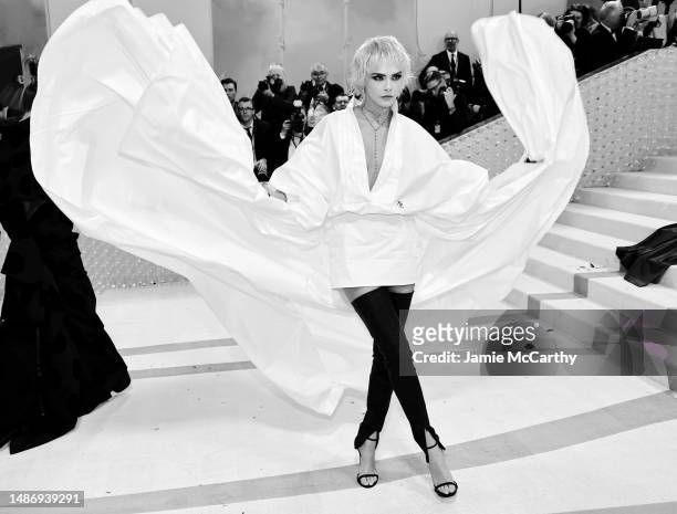 Image has been converted to black and white.) Cara Delevingne attends The 2023 Met Gala Celebrating "Karl Lagerfeld: A Line Of Beauty" at The...