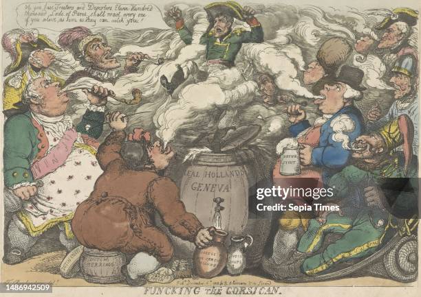 Cartoon of Napoleon after his loss at the battle of Leipzig, 1813 A small figure of Napoleon is stamping angrily on top of a large wooden barrel of...