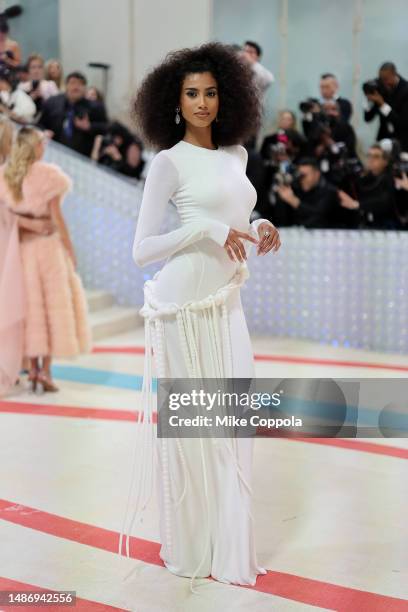 Imaan Hammam attends The 2023 Met Gala Celebrating "Karl Lagerfeld: A Line Of Beauty" at The Metropolitan Museum of Art on May 01, 2023 in New York...