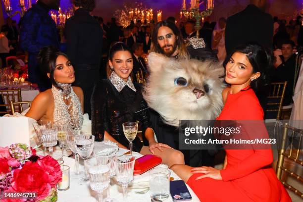 Kim Kardashian, Kendall Jenner, Jared Leto and Kylie Jenner attend The 2023 Met Gala Celebrating "Karl Lagerfeld: A Line Of Beauty" at The...