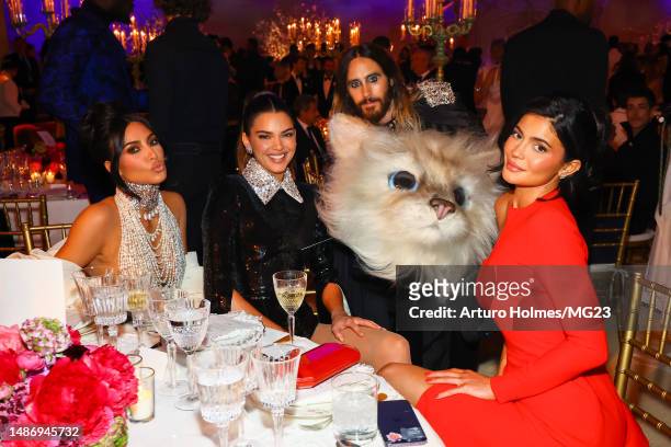 Kim Kardashian, Kendall Jenner, Jared Leto and Kylie Jenner attend The 2023 Met Gala Celebrating "Karl Lagerfeld: A Line Of Beauty" at The...