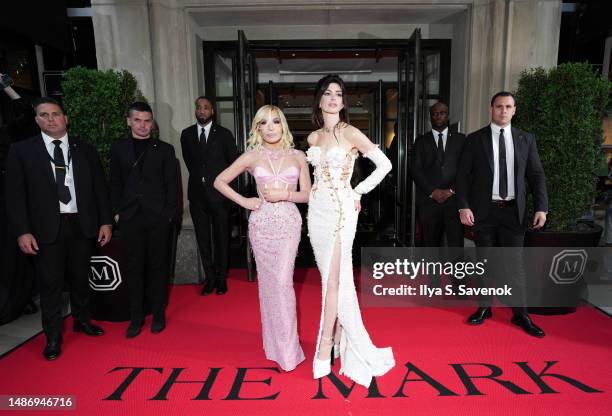 Donatella Versace and Anne Hathaway depart The Mark Hotel for 2023 Met Gala on May 01, 2023 in New York City.