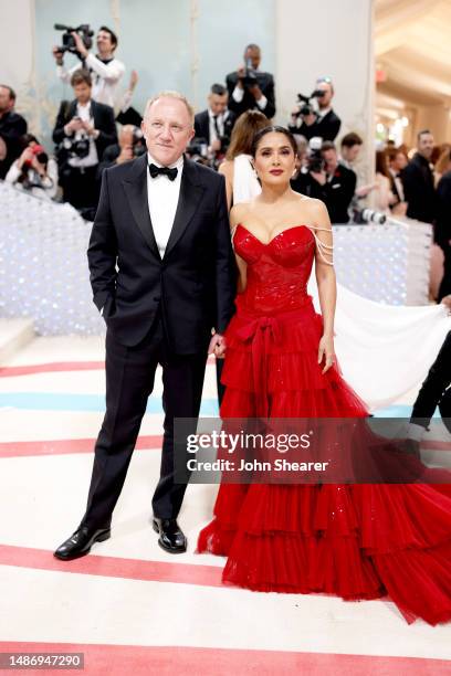 François-Henri Pinault and Salma Hayek Pinault attend The 2023 Met Gala Celebrating "Karl Lagerfeld: A Line Of Beauty" at The Metropolitan Museum of...