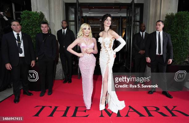 Donatella Versace and Anne Hathaway depart The Mark Hotel for 2023 Met Gala on May 01, 2023 in New York City.