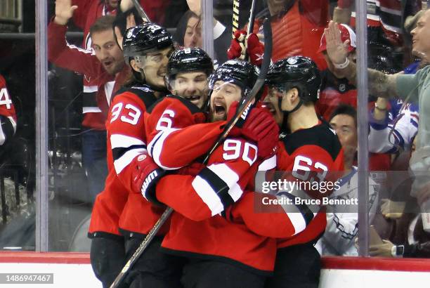 Tomas Tatar of the New Jersey Devils celebrates his second-period goal against the New York Rangers in Game Seven of the First Round of the 2023...