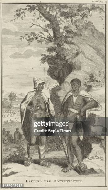 Landscape with a man and woman of the Khoikhoi in traditional sheepskin clothing In the background a village, Clothing of the Khoikhoi Clothing of...