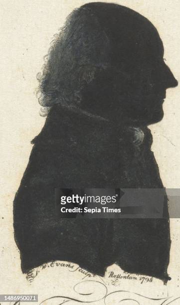 Bust and profile of the preacher Johannes Theodorus van der Kemp Below the silhouette a Dutch text in four lines, Silhouette portrait of Johannes...