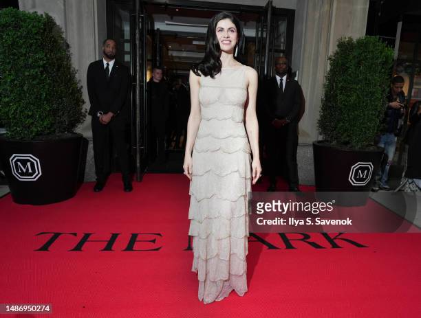 Alexandra Daddario departs The Mark Hotel for 2023 Met Gala on May 01, 2023 in New York City.