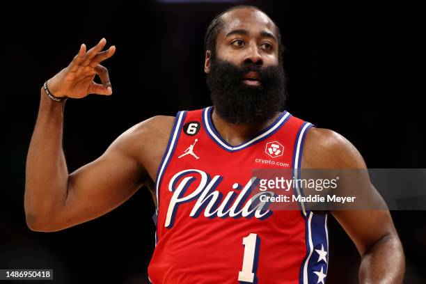 James Harden of the Philadelphia 76ers celebrates after hitting a three point shot against the Philadelphia 76ers during the second half in game one...