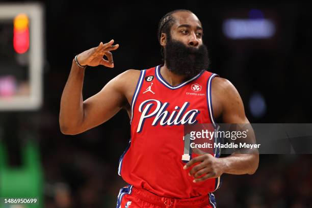 James Harden of the Philadelphia 76ers celebrates after hitting a three point shot during the second half against the Boston Celtics in game one of...