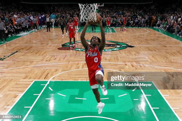 Tyrese Maxey of the Philadelphia 76ers scores against the Boston Celtics during the fourth quarter in game one of the Eastern Conference Second Round...