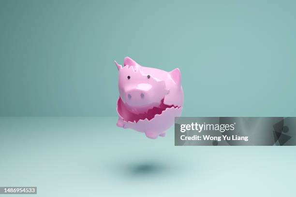 piggy bank being destroyed, recession , 3d render - 緊縮財政 ストックフォトと画像