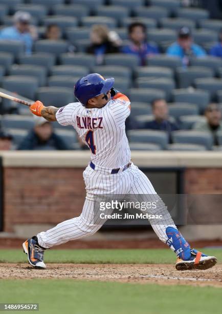 Francisco Alvarez of the New York Mets in action against the Atlanta Braves in game two of a doubleheader at Citi Field on May 01, 2023 in New York...