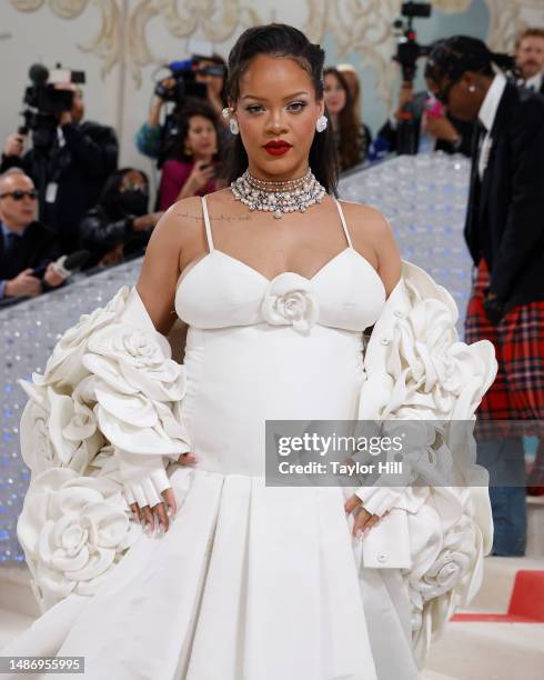 Rihanna attends the 2023 Costume Institute Benefit celebrating "Karl Lagerfeld: A Line of Beauty" at Metropolitan Museum of Art on May 01, 2023 in...