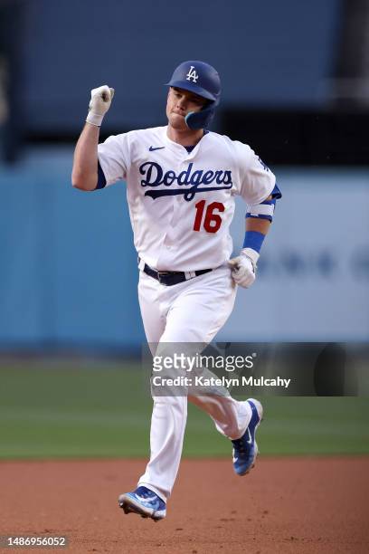 Will Smith of the Los Angeles Dodgers rounds the bases on his home run in the first inning against the Philadelphia Phillies at Dodger Stadium on May...