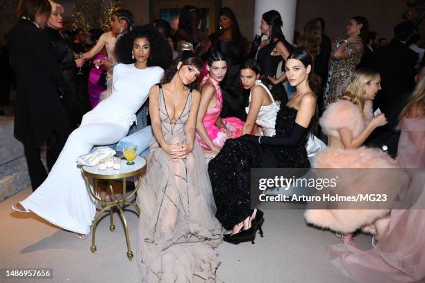 Imaan Hammam, Emily Ratajkowski, Grace Elizabeth, Irina Shayk, and Vittoria Ceretti attend The 2023 Met Gala Celebrating "Karl Lagerfeld: A Line Of...