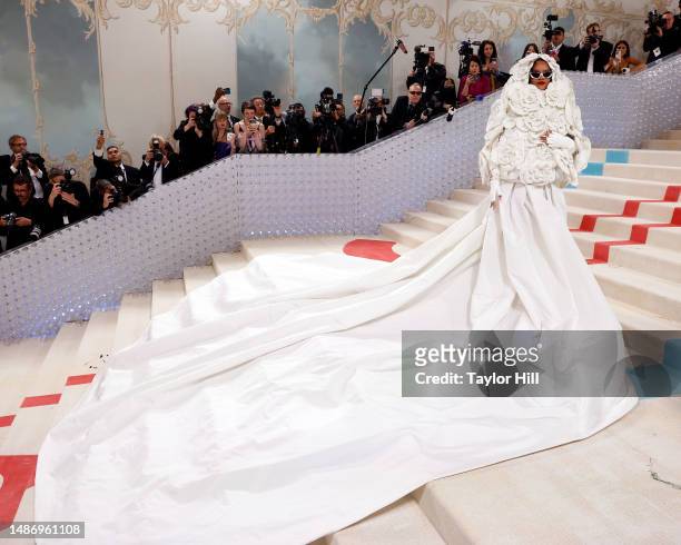 Rihanna attends the 2023 Costume Institute Benefit celebrating "Karl Lagerfeld: A Line of Beauty" at Metropolitan Museum of Art on May 01, 2023 in...