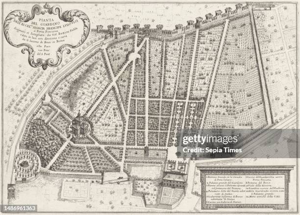 Map of the garden of Cardinal Ludovico Ludovisi near the Porta Pinciana in Rome Top left a cartouche with the title Bottom right a cartouche with an...