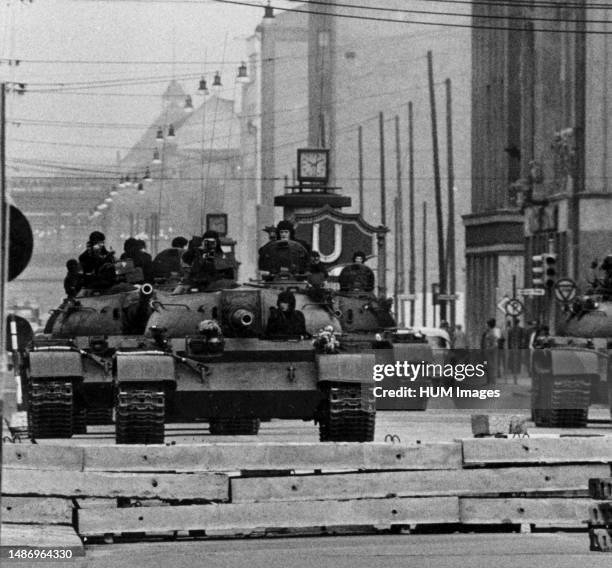 Soviet T-55 tanks in front of Check point Charlie in Berlin on October 28, 1961.