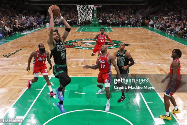 Jayson Tatum of the Boston Celtics takes a shot against the Philadelphia 76ers during the second half in game one of the Eastern Conference Second...