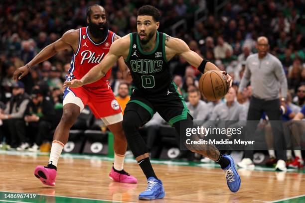 James Harden of the Philadelphia 76ers defends Jayson Tatum of the Boston Celtics during the second half in game one of the Eastern Conference Second...